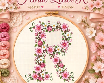 Floral Letter R Cross Stitch Pattern PDF, Sakura Jasmine Rosebuds Monogram, Flower Alphabet Initial, Botanical Embroidery Chart