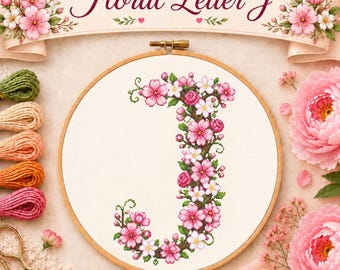Patrón de punto de cruz con la letra J floral en PDF, gráfico de bordado con la inicial J, capullos de rosa Sakura Jazmín, diseño de alfabeto botánico