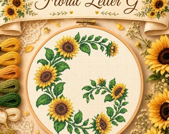 Floral Letter G Cross Stitch Pattern PDF, Sunflower Monogram Embroidery Chart, Initial G Counted Cross Stitch, Instant Download