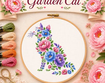 Patrón de punto de cruz de gato de jardín en PDF y SVG, gráfico de bordado de gato floral, diseño botánico felino, bordado de gato con flores, descarga instantánea.