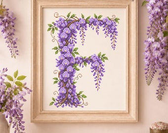 Patrón de punto de cruz con la letra F floral en PDF, monograma de glicinia morada, gráfico de bordado de inicial floral, alfabeto botánico, descarga instantánea.