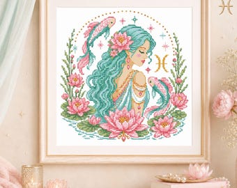 Patrón de punto de cruz del signo zodiacal Piscis en PDF, Diosa del agua con flores de loto, tabla de bordado astrológico, descarga digital instantánea.