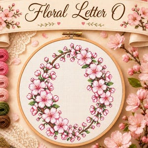 Floral Letter O Cross Stitch Pattern PDF, Cherry Blossom Monogram, Sakura Initial O, Instant Download