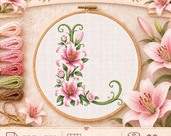 Floral Letter L Cross Stitch Pattern PDF, Pink Lily Monogram L, Botanical Initial Embroidery Chart, Instant Download