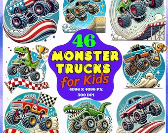 Crazy Monster Trucks for Kids – 46 Fun Big Wheel Car PNGs – Cartoon Off-Road Vehicles, Boys Clipart, Jumping Trucks, Digital Download