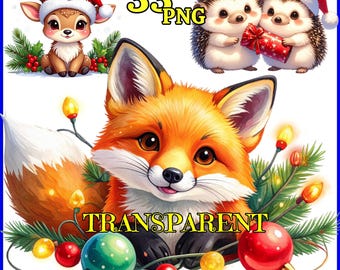 Christmas Animals Clipart – 33 Cute Watercolor PNG Bundle – Holiday Bunny, Fox, Cat – Digital Download for Cards, Stickers & Scrapbooking