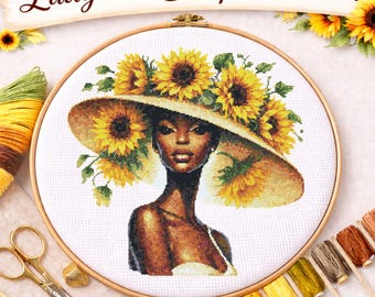 Black Woman Cross Stitch Pattern PDF, Sunflower Lady Portrait, Floral Hat Woman, African Beauty Embroidery Chart, Instant Download