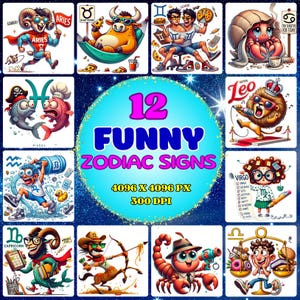 Funny Zodiac Signs Clipart – 12 PNG Humorous Horoscope Characters in Cartoon Style – Astrology Art for Stickers & Prints – Digital Download