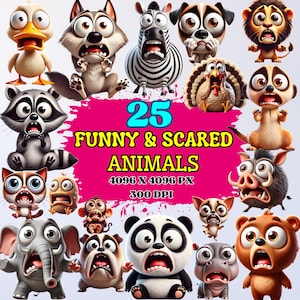 Funny And Scared Animals Clipart – 25 PNG Cute & Hilarious Creatures for Stickers, Scrapbooking, Prints and POD – Instant Download
