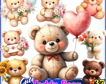 Paquete PNG de osos de peluche: 37 adorables ositos de acuarela pastel con flores, corazones, pasteles y globos. Tarjetas de felicitación, sublimación.