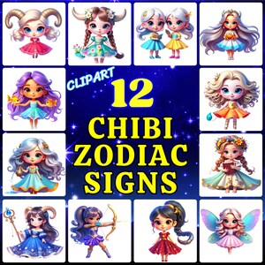 Chibi Zodiac Sign Girls Clipart Bundle – Cute Horoscope Character PNG Set for Astrology Crafts & Prints – Digital Download