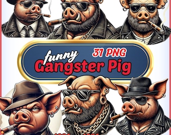 Pakiet PNG z Gangsterską Świnią – 31 obrazów clipart w stylu Mafii Świń – Zabawna, wściekła grafika z Dzikiem do sublimacji i naklejek – Natychmiastowe pobranie