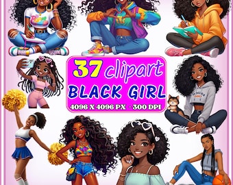 37 PNG Stylish Black Girl Clipart Bundle, Fashion Black Teen Graphics, Afro Girl Clipart, Curly Hair Girl Illustrations, Digital Download