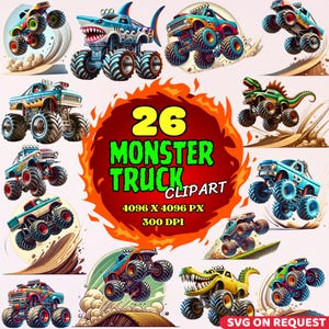 Monster Truck Clipart Bundle – 26 PNG Cartoon Trucks for Kids, Boys, Stickers, T-Shirts, Party Decor & Scrapbooking – Digital Download