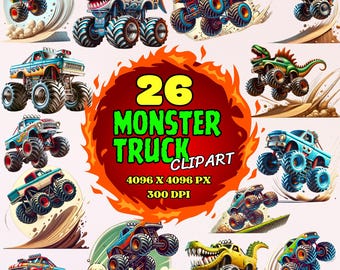 Monster Truck Clipart Bundle – 26 PNG Cartoon Trucks for Kids, Boys, Stickers, T-Shirts, Party Decor & Scrapbooking – Digital Download