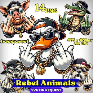 Könnte beinhalten: Digitale Illustration mit verschiedenen anthropomorphen Tieren, darunter ein Schwein, eine Ente, ein Alligator, ein Wolf und eine Bulldogge, die alle Sonnenbrillen, Goldketten und Hüte tragen. Der Text "Rebel Animals" und "14 PNG" ist enthalten.