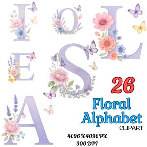 Puede incluir: Un conjunto de 26 letras del alfabeto floral en morado, rosa y azul con mariposas. Las letras están decoradas con flores y hojas. El texto "26 Floral Alphabet Clipart 4096 x 4096 PX 300 DPI" también está incluido en la imagen.