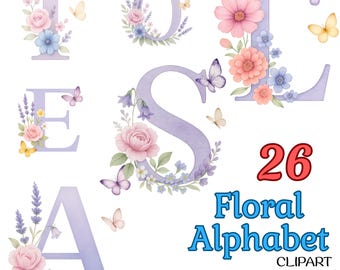 Alfabeto floral romántico en acuarela: 26 letras PNG en tonos pastel con flores y mariposas. Descarga digital para sublimación y manualidades.
