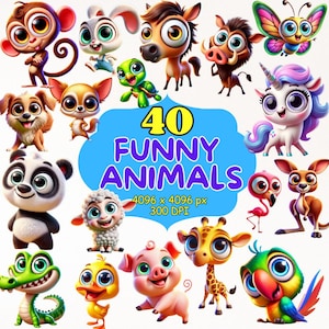Funny Animals 40 PNG Clipart Bundle, Cartoon Animals for Digital Prints, Invitation, and T-Shirt Design, Instant Digital Download