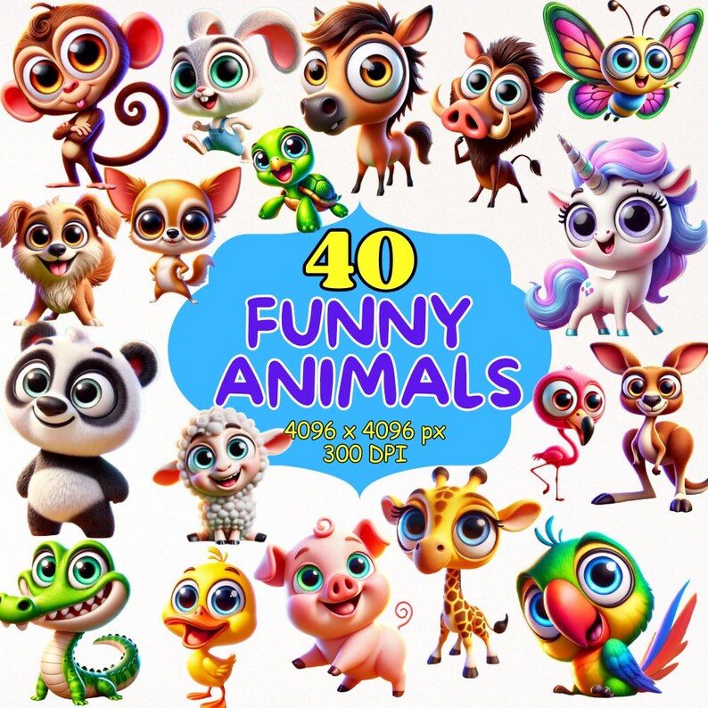 Funny Animals 40 PNG Clipart Bundle, Cartoon Animals for Digital Prints, Invitation, and T-Shirt Design, Instant Digital Download
