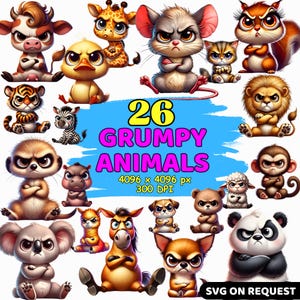 Grumpy and Cute Animals Watercolor Clipart – 26 Funny PNGs with Alpaca, Red Panda, Koala & More – Digital Download for Stickers and T-Shirts