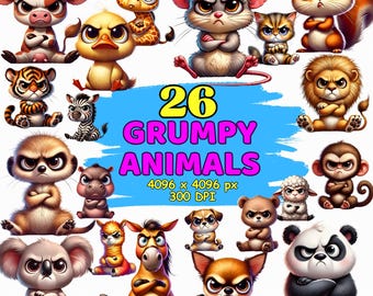 Grumpy and Cute Animals Watercolor Clipart – 26 Funny PNGs with Alpaca, Red Panda, Koala & More – Digital Download for Stickers and T-Shirts