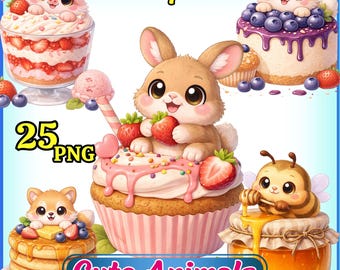 Zestaw uroczych zwierzątek w formacie PNG – 25 słodkich, kawaii, deserowych zwierzątek, przytulnych, kreskówkowych clipartów