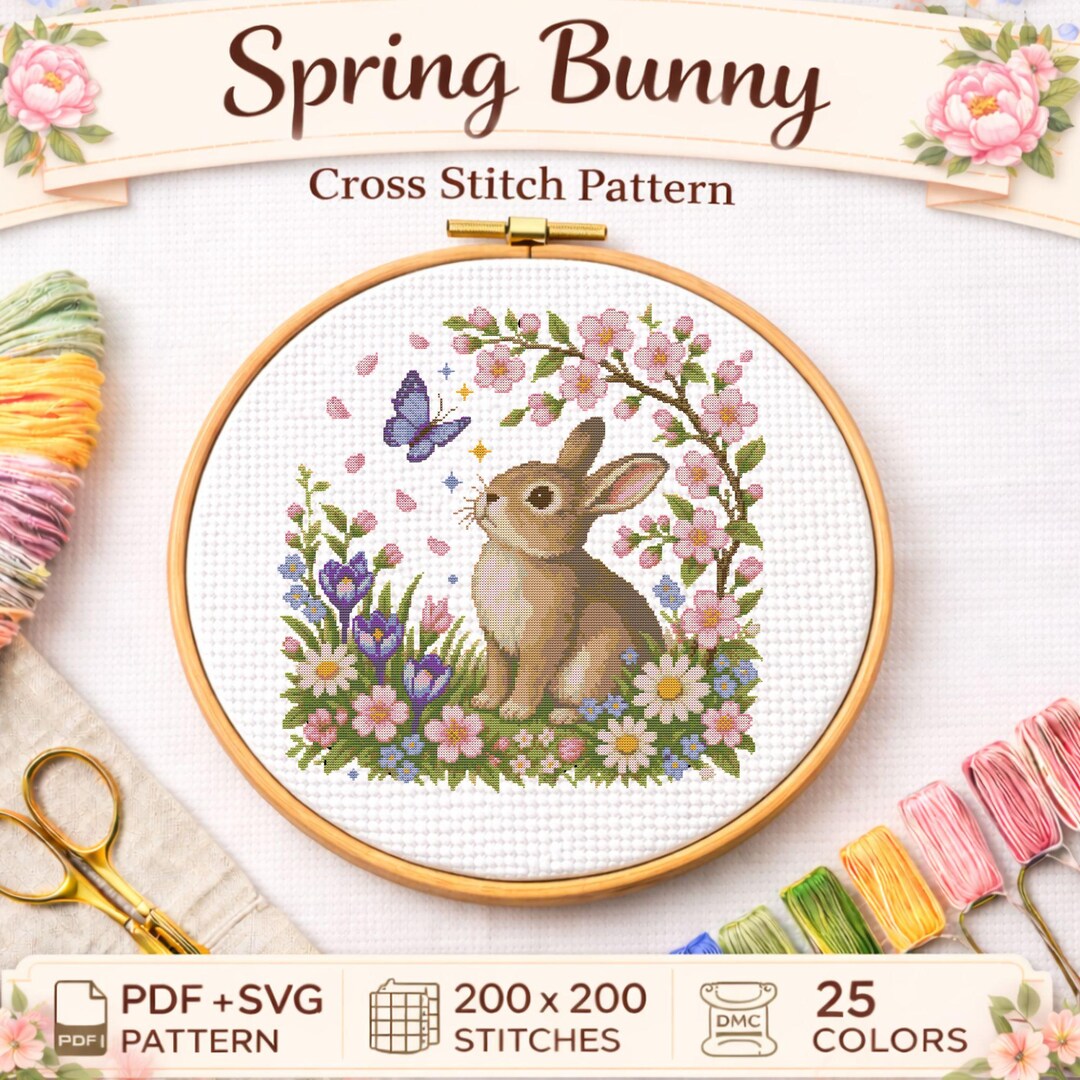 Spring Bunny Cross Stitch Pattern PDF and SVG, Floral Rabbit Embroidery ...