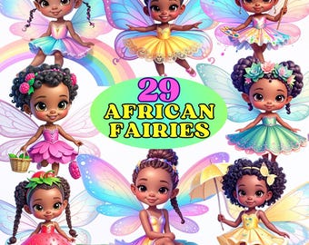 Black Fairies Clipart Bundle – 29 PNGs of Magical African Fairies with Fruits, Flowers, Rainbows & Ballet – Instant Download for Prints