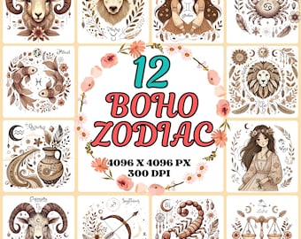 Boho Zodiac Clipart – 12 PNG Mystic Astrology Signs in Vintage Floral Style – Elegant Horoscope Art for Stickers, Prints – Digital Download
