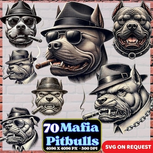 Könnte beinhalten: Digitale Illustration mit mehreren Pitbulls, die Fedora-Hüte und Sonnenbrillen tragen und Zigarren rauchen. Das Bild enthält den Text "70 Mafia Pitbulls" in Blau und Weiß, mit "SVG ON REQUEST" in Rot.