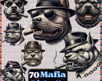 Paquete de 70 imágenes PNG de Pitbulls de la Mafia: Perro gánster, Bulldog motociclista, Pitbull gamberro con puro, sombrero y gafas de sol. Descarga digital.