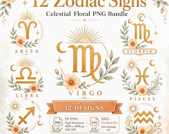 12 Zodiac Signs PNG Bundle, Gold Celestial Floral Astrology Clipart, Elegant Boho Horoscope Designs