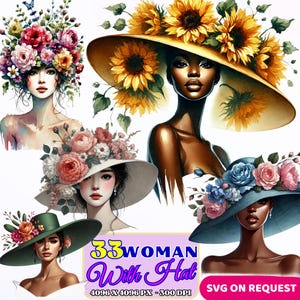 Könnte beinhalten: Aquarellillustrationen von Frauen mit Blumenhüten. Die Hüte sind mit Sonnenblumen, Rosen und anderen Blumen in verschiedenen Farben geschmückt. Das Bild enthält den Text "33 WOMAN With Hat" und "SVG ON REQUEST".