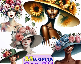 Paquete de 33 imágenes PNG de mujeres con sombrero: retratos de chicas de moda, gráficos de sombreros florales, mujeres latinas afroeuropeas, descarga de pegatinas digitales