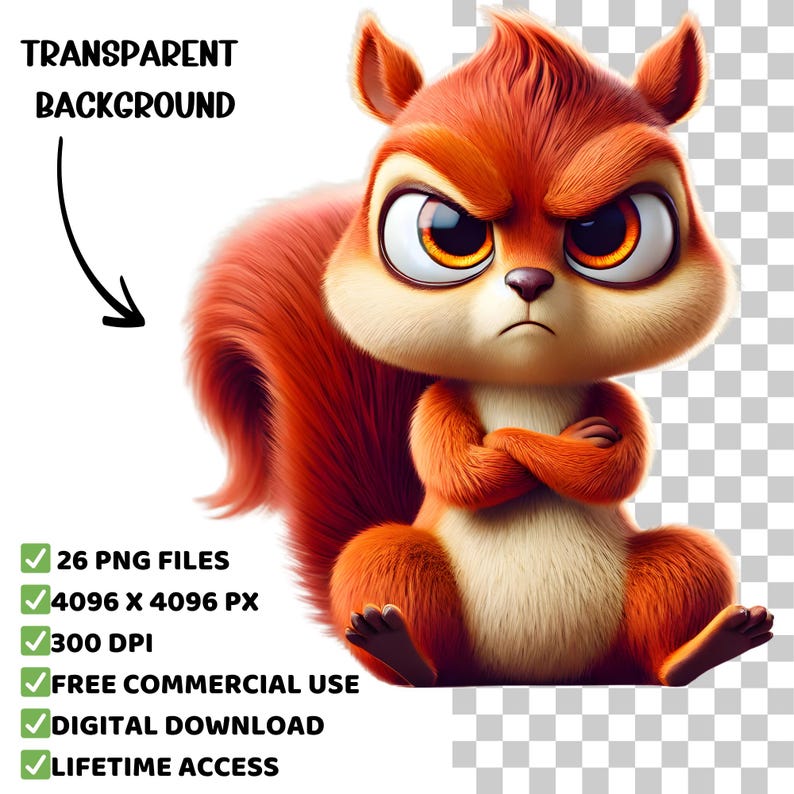 Grumpy Cute Animals Clipart – 26 Funny Angry Animal PNGs – 3D Cartoon Graphics for Sublimation, Stickers, Printables, T-Shirts, Crafts