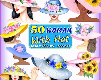 50 Woman With Hat PNG Clipart Bundle – Fashion Girl Portraits, Floral Hat Graphics, Afro Asian European Ladies, Digital Sticker Download