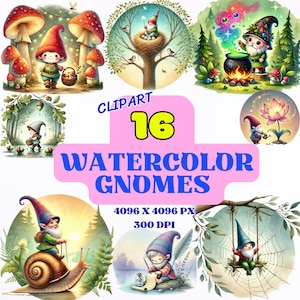 Cute Watercolor Gnomes Clipart – 16 PNG Forest Gnomes Illustrations for Kids Crafts, Stickers, Prints & More – Digital Download