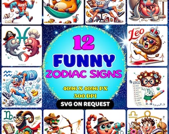 Funny Zodiac Signs Clipart – 12 PNG Humorous Horoscope Characters in Cartoon Style – Astrology Art for T-Shirts & Prints – Digital Download