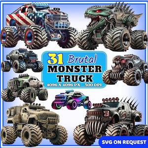 Könnte beinhalten: Eine Sammlung digital gerenderter Monstertrucks in verschiedenen Designs. Ein Truck zeigt ein amerikanisches Flaggenmotiv, während andere bedrohliche, von der Fantasie inspirierte Ästhetiken aufweisen. Der Text "31 Brutal Monster Truck" ist enthalten.