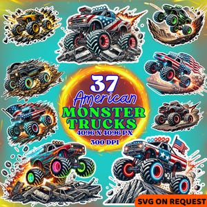 Monster Trucks Clipart – 37 PNGs with Big Wheels, Off-Road Action, USA Flags, Flames & Dust – High-Resolution Stickers – Instant Download