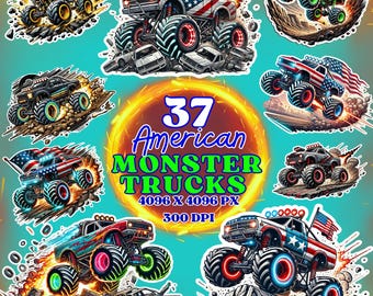 Monster Trucks Clipart – 37 PNGs with Big Wheels, Off-Road Action, USA Flags, Flames & Dust – High-Resolution Stickers – Instant Download