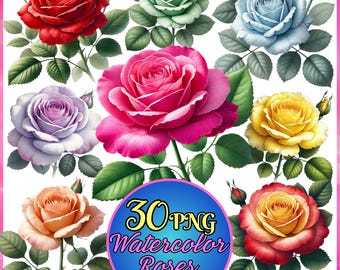 Botanical Watercolor Roses Clipart – 30 PNG Flowers Bundle, Wedding Floral Illustrations, Vintage Botanical Rose – Digital Download