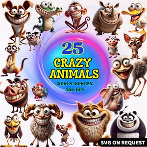Funny & Crazy Animals Clipart – 25 PNG Hilarious Cartoon Animals with Transparent Background – Digital Download for POD, Stickers and More