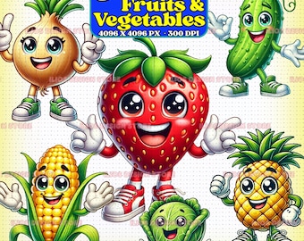 Schattige fruit clipart PNG's - 30 grappige cartoon fruit stickers, lachende kawaii voedselpersonages, vrolijk fruit voor kinderen, sublimatie en printbare afbeeldingen