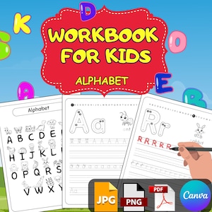 Könnte beinhalten: Ein farbenfrohes Alphabet-Arbeitsbuch für Kinder. Der Umschlag zeigt die Wörter "Workbook for Kids" und "Alphabet" in einem roten und weißen Rahmen. Die Seiten zeigen Übungsblätter zum Nachzeichnen der Buchstaben A und R, mit gepunkteten Linien, die den Bleistift des Kindes führen. Das Arbeitsbuch enthält auch eine Seite mit einer Buchstaben-Such-Aktivität.