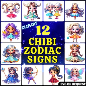 Ensemble d&#39;images clipart pour filles avec signes du zodiaque Chibi – Ensemble de personnages horoscopes mignons au format PNG pour loisirs créatifs et impressions astrologiques – Téléchargement numérique