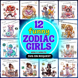 Cliparts de filles drôles du zodiaque – 12 signes du zodiaque au format PNG avec citations audacieuses, illustrations d&#39;horoscope pour autocollants, chemises et loisirs créatifs – Téléchargement numérique
