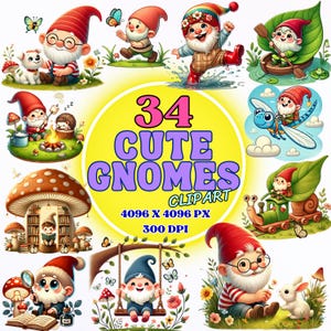 Cute Gnomes Clipart– 30 PNG Forest Gnomes in Cartoon Style – Whimsical Characters for Kids Crafts, Stickers & Prints – Instant Download