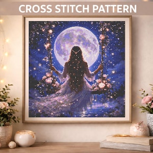 Patrón de punto de cruz en PDF de Niña en Columpio a la Luz de la Luna, Niña en Columpio Bajo la Luna, Gráfico de Bordado de Cielo Nocturno Fantástico, Escena Floral Romántica